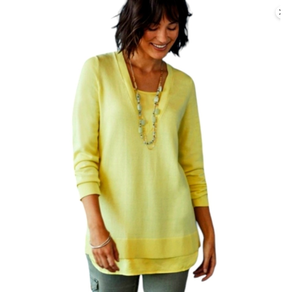 J.Jill Women's XL Yellow Buttercup V-Neck‎ Mixed Media Layered Sweater Casual